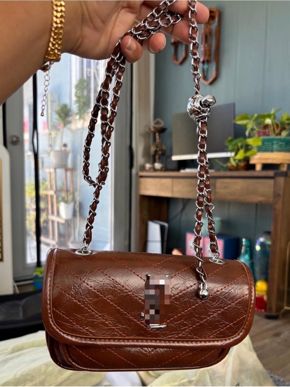 Brown Quilted Shoulder Bag with Silver Chain Strap